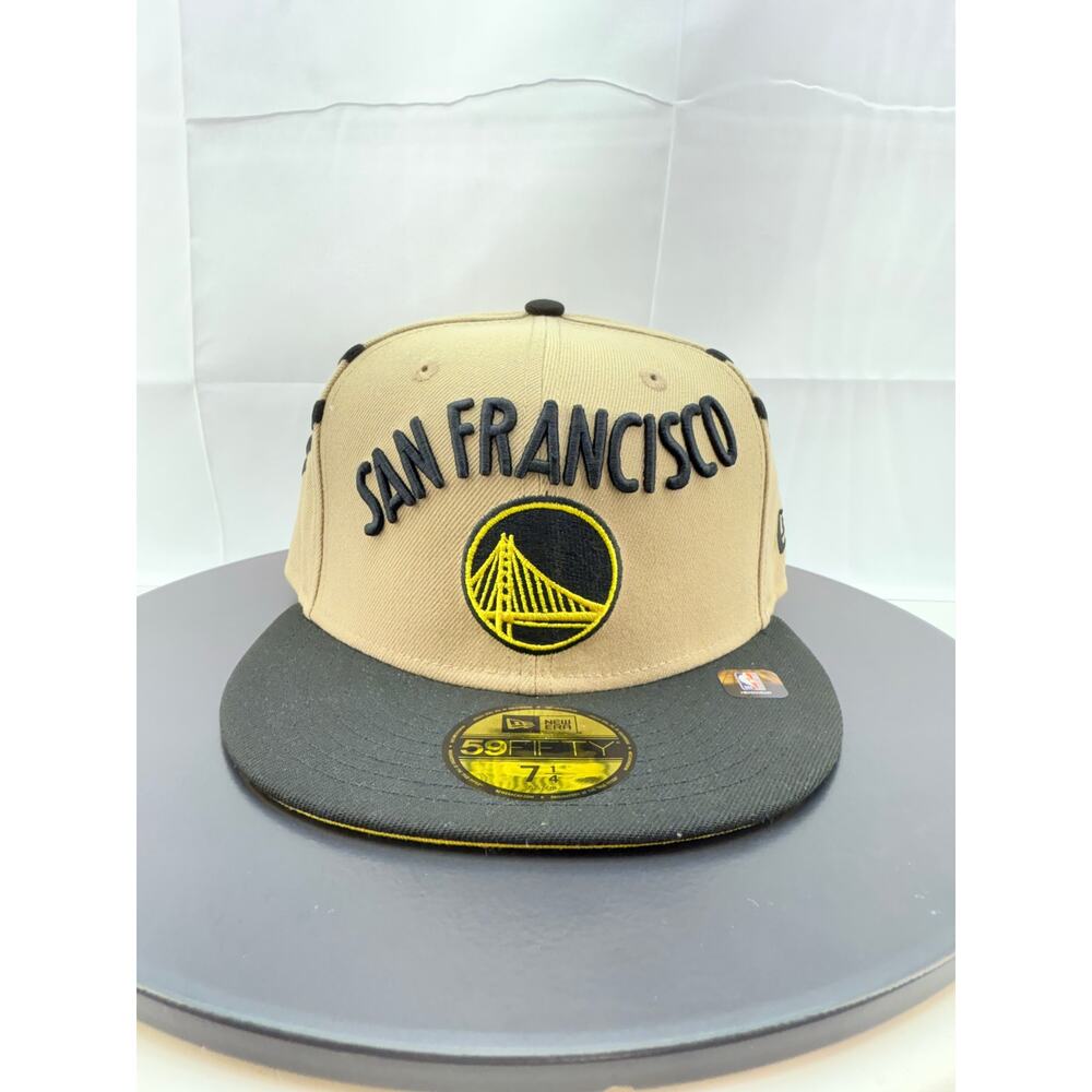 New Era Golden State‎ Warriors Tan Black 59Fifty Fitted Hat Size 7 1/4 NBA NEW